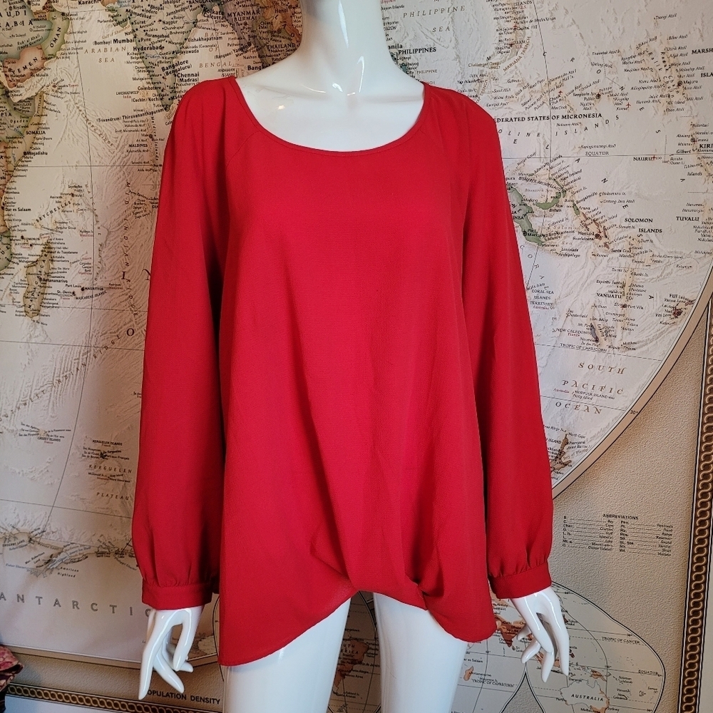 Zac & Rachel Woman red long puff sleeve top scoop neck twist front boho work 2X